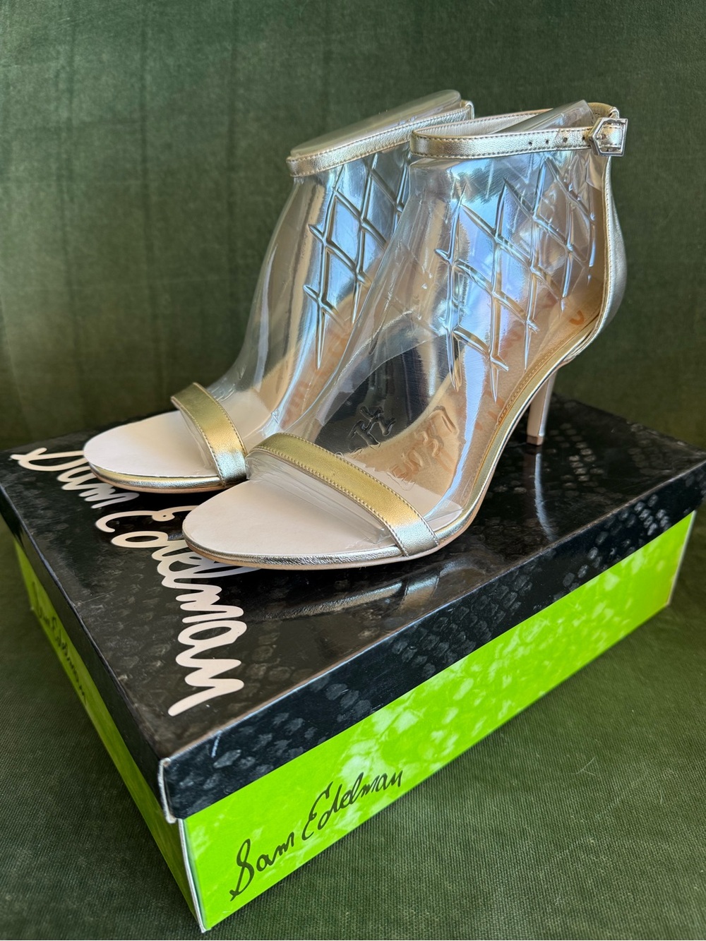 Sam Edelman Silver Metallic Clear Ankle-Strap Heels
